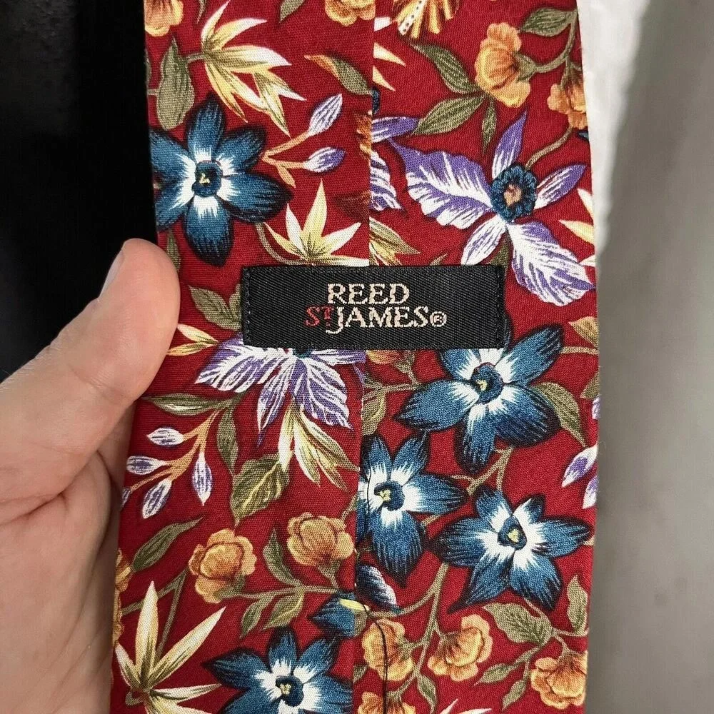 Reed St James Mens‎ Floral Necktie Burgundy Red Blue Botanical Print USA Made